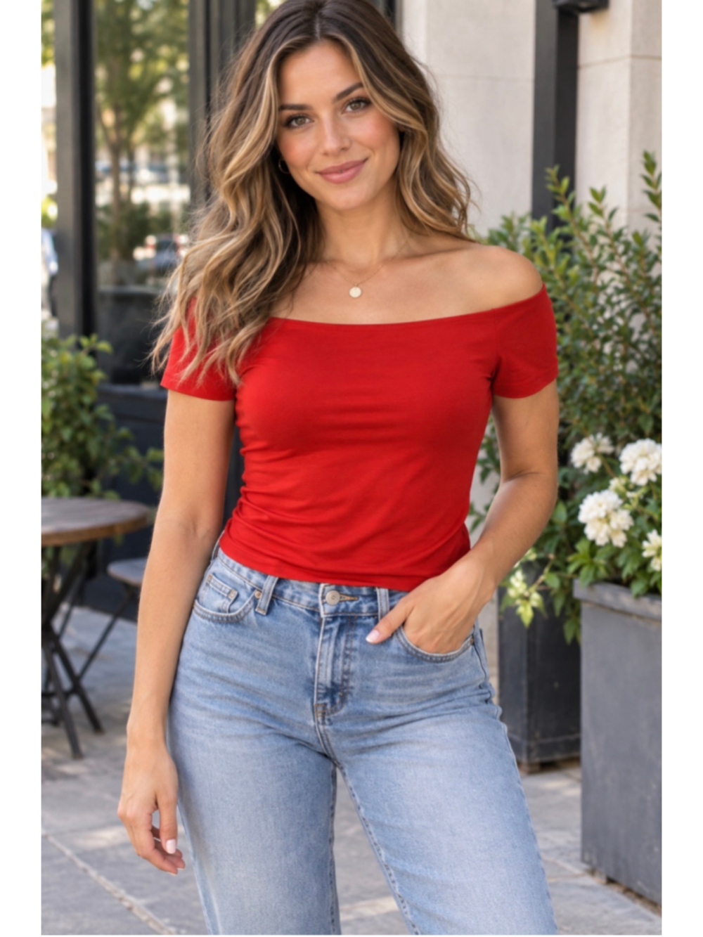 H&M Basic Red Off Shoulder Fitted Top Size Medium Short Sleeve